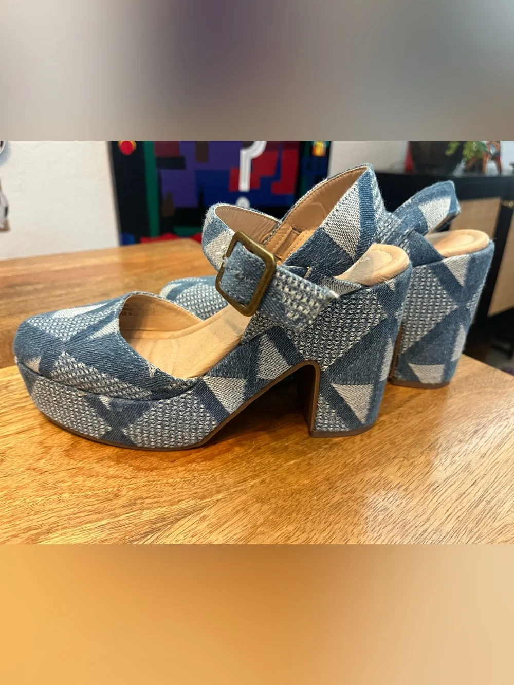 Denim Geometric Platform Mary Janes in Blue